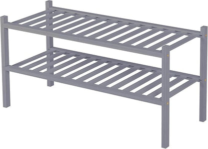 2 Tier Bamboo Shoe Rack for Closet Free Standing Wood Shoe Shelf for Entryway Small Space Stackable 27"x11"x13" (Grey)