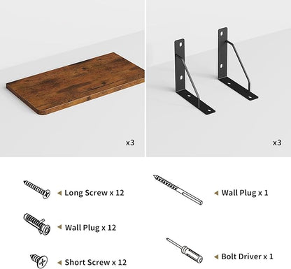 Wooden Floating Shelves for Wall, Floating Shelf for Bedroom Kitchen Decor, Wall Mounted Rustic Farmhouse Wood Shelf for Books, Plants, Set of 3(Rustic Brown, M (Rectangular))