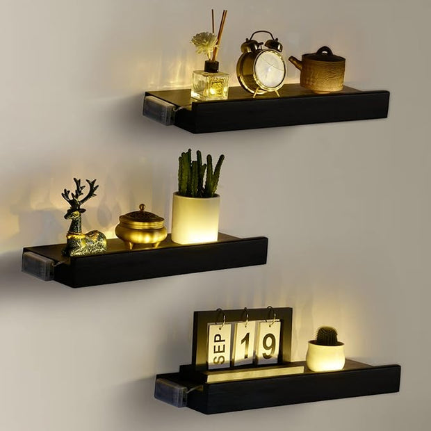 Floating Shelves with Invisible Brackets & Strip Lights, Protective Front Lip, Black Wood Wall Shelves Set of 3, Mounted Bookshelf, Bedroom, Bathroom, Living Room, Kitchen