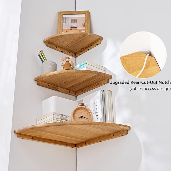 Corner Shelf Wall Mount, 7inch Oak Wood Floating Corner Shelf Round End Small Corner Nightstand Plant Shelf Wall Mount for Kitchen, Living Room, Bedroom