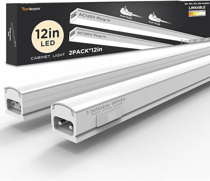 Under Cabinet Lighting Plug in 12in 2Pack AC120V 3CCT 3000/4000/5000K, Super Bright,Linkable Under Counter Lights for Kitchen, Ultra Slim LED Cabinet Light,ETL White
