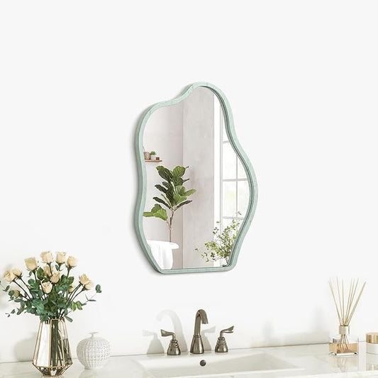 Asymmetrical Cloud Mirror for Wall Modern Wooden Framed Wall Mirror Unique Shape Wall Mounted Vanity Artistic Wavy Mirrors Decorative for Living Room Bedroom Bathroom Entryway