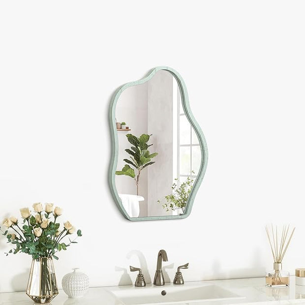 Asymmetrical Cloud Mirror for Wall Modern Wooden Framed Wall Mirror Unique Shape Wall Mounted Vanity Artistic Wavy Mirrors Decorative for Living Room Bedroom Bathroom Entryway