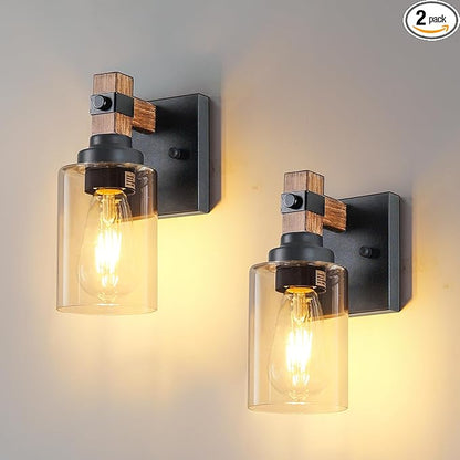 Farmhouse Wall Sconces 2-Pack, Wired Sconces Wall Lighting with Glass Shade, Decor Set of Two for Bedroom Bathroom Livingroom, Round-Wired