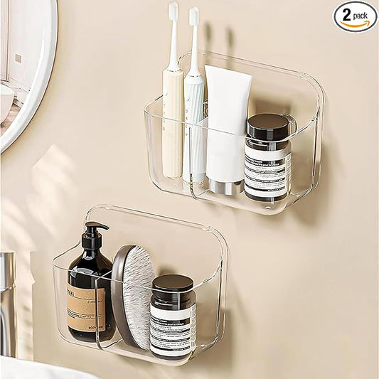 Diesisa 2pc Acrylic Wall Mount Organizer, Adhesive Clear Cabinet Door Organizer,Bathroom Shelves for Wall,No Drilling Hang Walls,with 2 Compartments, for Bathroom, Kitchen, Living Room