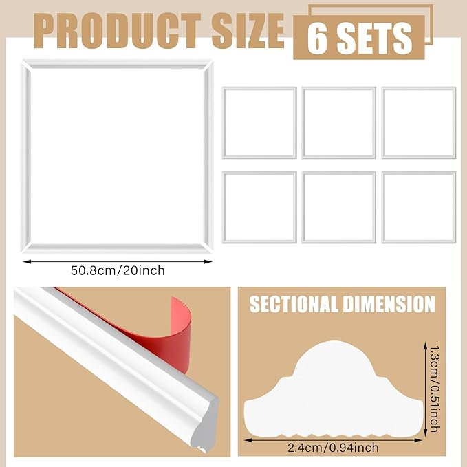 Accent Wall Molding Kit Premade Wainscoting Panels Wall Molding Peel and Stick Panel White Pre Cut Trim for Walls Picture Frame Molding for Home Decoration(6 Set,20 x 20 Inch)
