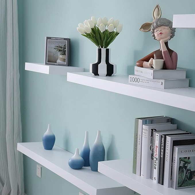 WELLAND 48 inch White Mission Floating Shelves for Wall, Bathroom and Bedroom, Modern Display and Book Shelves, Kitchen
