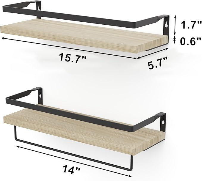 Home Decor Floating Shelves, Wall Shelves with Towel Bar, Bathroom Wall Decor, Floating Shelves Wood for Living Room/Kitchen/Bedroom, (Black-Natural) Floating Bathroom Shelves