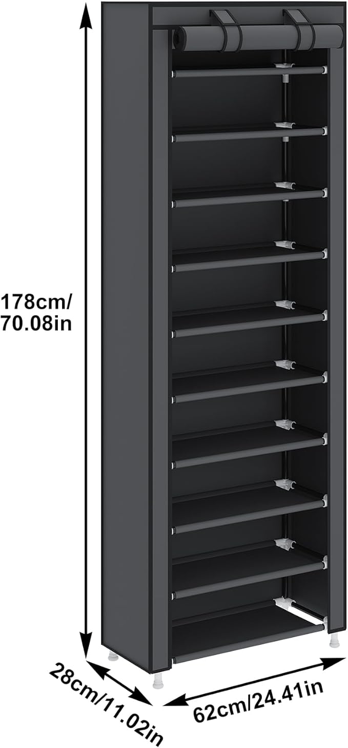 UDEAR 10-Tier Free Standing Shoe Rack Sturdy Shoe Rack Organizer for Closet Entryway Stackable Shoe Shelf with Dustproof Cover,Grey