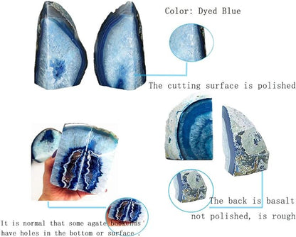 JIC Gem Agate Decorative Book Ends Blue Gemstone Geode Bookends Cool Crystal Bookends for Shelves Book Ends for Heavy Duty Books with Rubber Bumpers for Office and Home Décor (1 Pair,4-6 LBS)