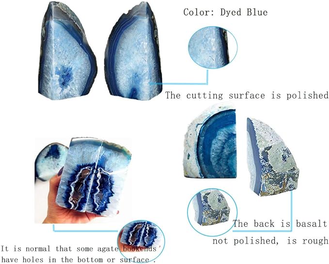 JIC Gem Blue Agate Bookends Geode Book Ends for Shelves Decorative Crystal Bookends Heavy Duty Bookend Bookshelf Decor with Rubber Bumpers(1 Pair, 3-4 LBS)
