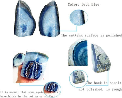 JIC Gem Dyed Blue Agate Bookends Geode Decorative Book Ends for Heavy Books with Rubber Bumpers for Office and Home Decoration Polished Small Size 2 to 3 Lbs
