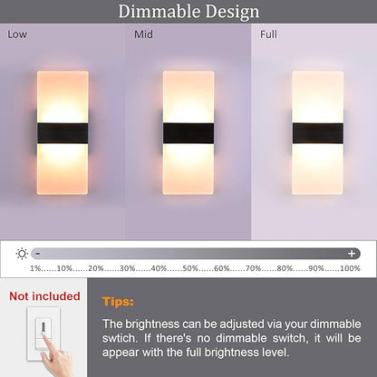 Lightess Modern Wall Sconce Dimmable Sconce Wall Lighting 12W Black Indoor Wall Lamp Acrylic Wall Mounted Lighting Fixture for Bedroom Living Room Hallway, Warm White