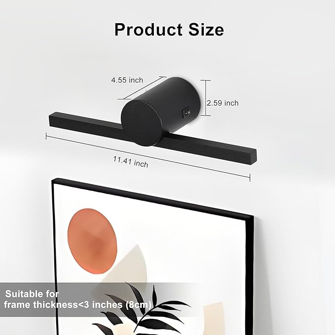 ZitoStory Battery Operated Picture Light with Remote,Wireless Dimmable Art Lights for Paintings Rechargeable Gallery Light Artwork Lighting for Canvas, Portrait (Black,11.41'' Inch)