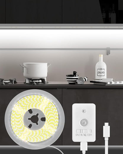 Rechargeable Motion Sensor COB LED Lights Strips, 2 Pack 6.56FT Motion Activated Under Cabinet LED Strip Lights 2200mAh Battery Powered Under Cabinet Strip Lighting Wireless for Kitchen Closet Pantry