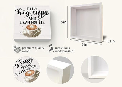 Funny Coffee Decor, Coffee Table Decor, Coffee Sign Decor, Wood Box Sign Block Coffee Table Decorations for Coffee Bar Home Office Shelf Decor 5 x 5 Inch, White