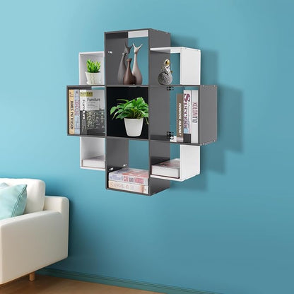 3-Tiers Wall Mounted Geometric Bookshelf, Morden Irregular Nine-Grid Bookshelf, 90cm Tall Decorative Display Shelf (White+Black)