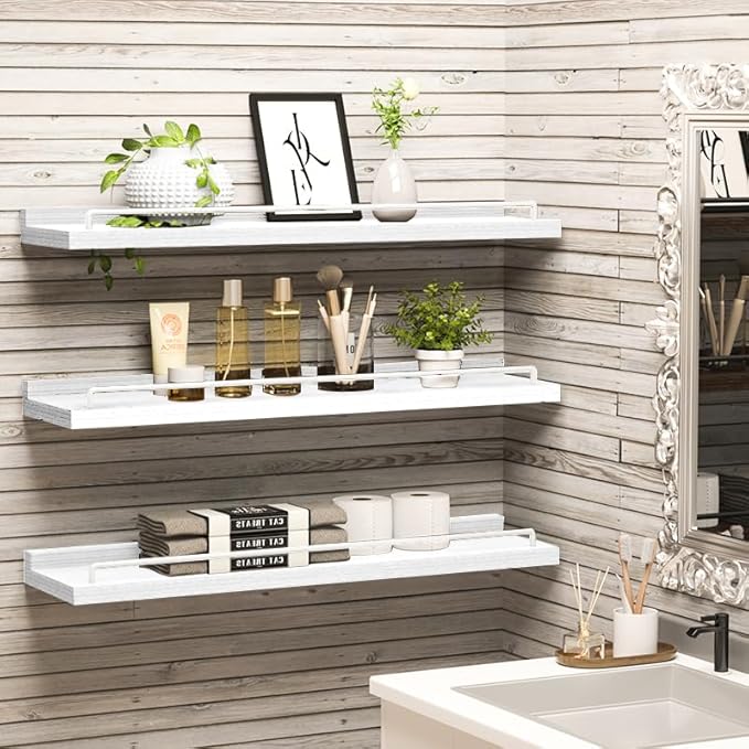 22 inches Long Floating Shelves, Bathroom Decor Shelves Over Toilet, Farmhouse Wall Shelves for Living Room, Bedroom, Picture Frames, Plants, Kitchen, Set of 3 (White)