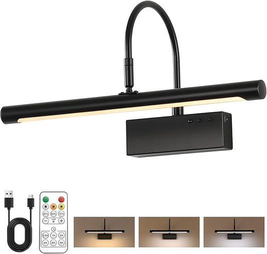 Picture Light, 5000mAh Battery Rechargeable Wall Sconce,16 inch Black Art Painting Light with Remote Dimmable, 3 Color temperatures & Timmer Art Lights for Paintings,Picture Frame,Gallery