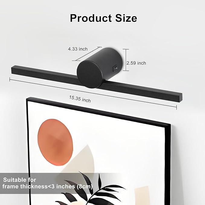 ZitoStory Battery Operated Picture Light with Remote,Wireless Dimmable Art Lights for Paintings Rechargeable Gallery Light Artwork Lighting for Canvas, Portrait (Black,15.35'' Inch)