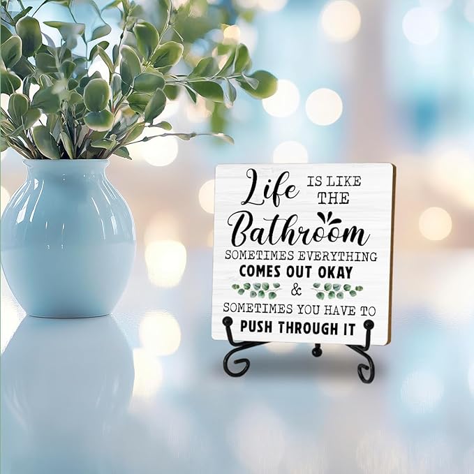 Funny Bathroom Shelf Decor, Life Is Like The Bathroom Signs Decors For Shelves, Small Toilet Restroom Accessories, Shelf Counter Decorations, Wood Plaque With Iron Stand Home Decor Gifts for Women