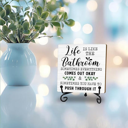 Funny Bathroom Shelf Decor, Life Is Like The Bathroom Signs Decors For Shelves, Small Toilet Restroom Accessories, Shelf Counter Decorations, Wood Plaque With Iron Stand Home Decor Gifts for Women