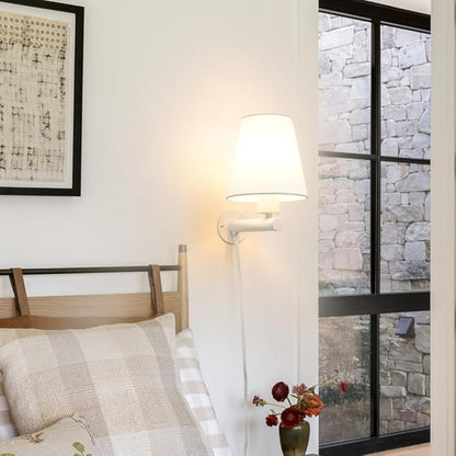 White Plug in Wall Sconces Set of Two, Wall Lamp with Plug in Cord On/Off Switch, White Bedroom Sconces Set of 2 Plug in, Bedside Wall Mounted Light with Fabric Linen,Wall Decor for Living Room