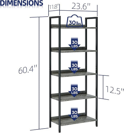 NUMENN Bookshelf, 5 Tier Bookshelves, Home Office Bookcase Shelf Storage Organizer, Free Standing Storage Shelving Unit for Bedroom, Living Room and Home Office, Dark Grey