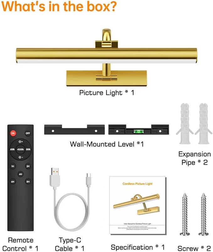 Picture Lights for Wall Rechargeable, 5200mAh Battery Operated Poster Light with Remote & Timer, 13" Dimmable Art Light, 3 Color Temperatures for Artworks, Paintings, Gallery, Canvas (1 Pack)