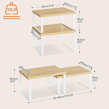 HOOBRO Spice Rack Set of 2, Kitchen Counter Organizer, Kitchen Storage, Cabinet Organizer Shelf, Nest, Stackable, Side-by-Side & L-Shape for Cabinet, Kitchen, Natural and White WN33TL01