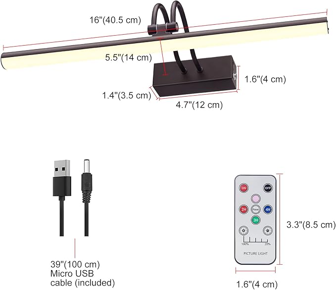 Picture Light,Picture Lights for Wall Cordless,16" Picture Lights with Timer and Dimmable,Battery Wall Lights for Display Gallery Painting Art Frame Portrait-Bronze