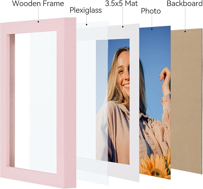 Vittanly 4x6 Picture Frames Set of 4, Display Pictures 3.5x5 with Mat or 4x6 without Mat, Small Photo Frames for Wall or Tabletop Display, Engineered Wood with Shatter Resistant Plexiglass, Pale Pink
