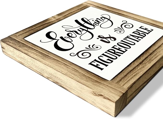 Office Sign - Everything is Figureoutable Box Wood Desk Decor, Inspirational Farmhouse Home Office Accessory, 5.9 * 5.9 inches