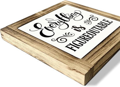 Office Sign - Everything is Figureoutable Box Wood Desk Decor, Inspirational Farmhouse Home Office Accessory, 5.9 * 5.9 inches