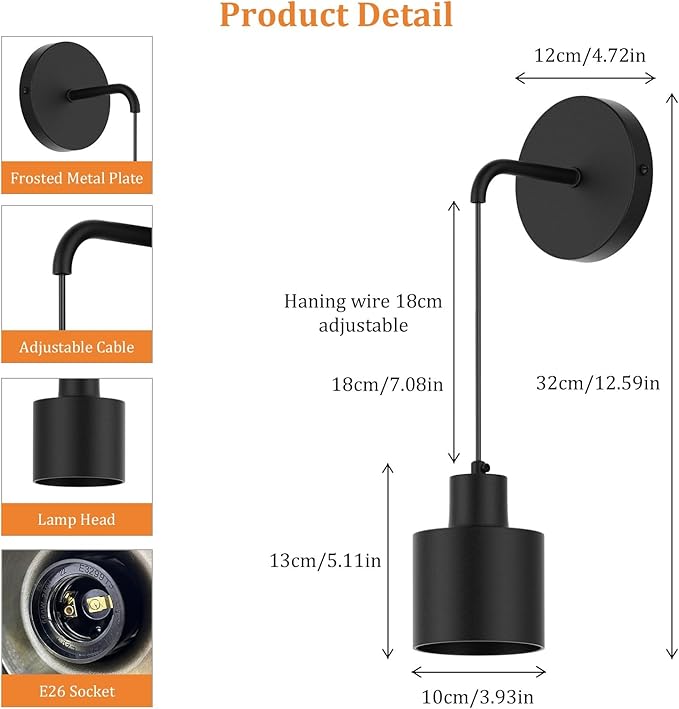 Wall Light Battery Operated Wall Sconces Set of 2,Black Indoor Wireless Wall Sconce No Hardwired 3000K-6000K Dimmable Remote Control(Bulbs Include)