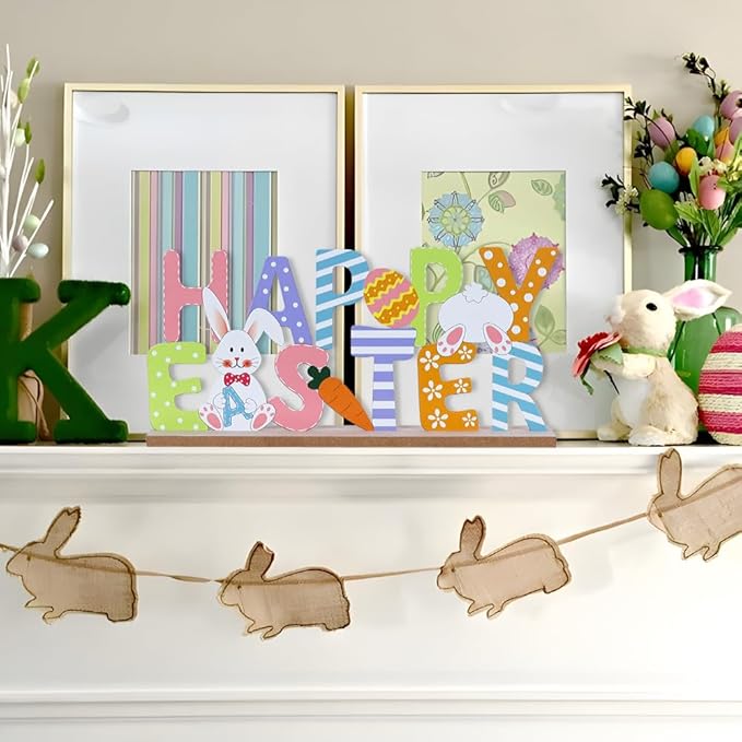 Easter Decorations, MEETYAMOR Wood Metal Happy Easter Sign for Table Decor, Farmhouse Rustic Easter Bunny Decorations for Home, Living Room, Mantel, Shelf