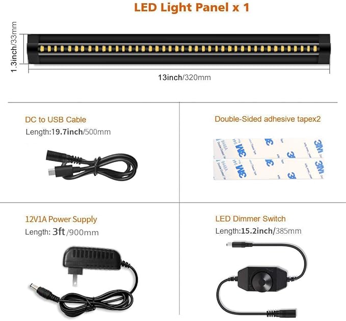 inShareplus 13inch LED Under Cabinet Lighting, Dimmable Light, Warm White 3500K, CRI90+, 450Lumens, DC 12V Ultra Thin Under Counter Kitchen Lights for Kitchen, Shelf, Cupboard, Black, 1 Pack