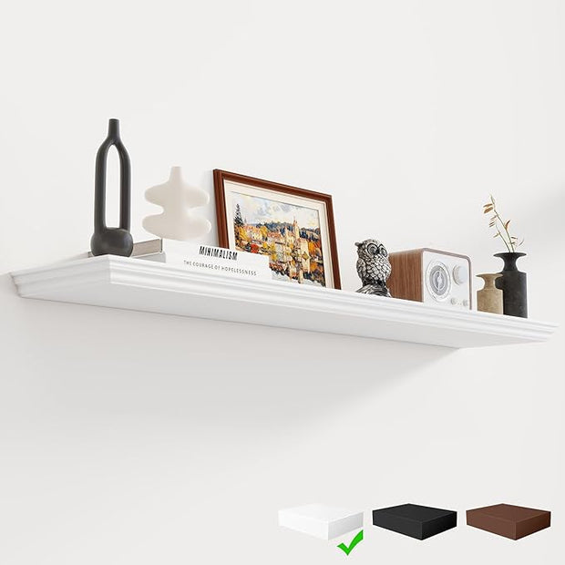 Fun Memories Floating Shelves 48 Inch Long, 9.3 Inch Deep Classic Crown Molding Floating Shelves for Wall, Rustic Wooden Shelves for Wall Decor Bathroom, Kitchen, Office, (White, 1Pack)