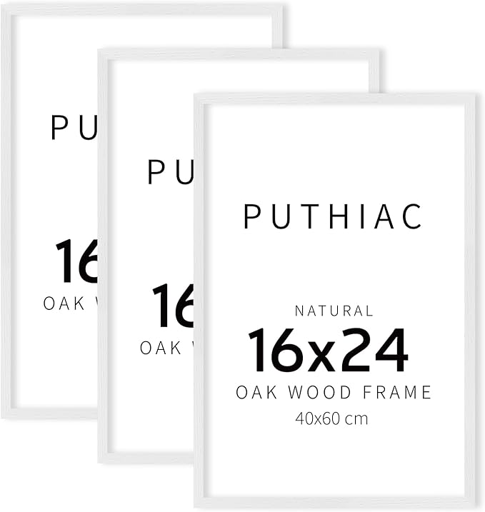 puthiac 16x24 Solid Oak Wood Picture Frame, No Mat, Wall Display Only, Vertical or Horizontal, Plexi Front, 3 Pack, White