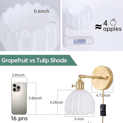 Plug in Wall Sconce, White Tulip Glass Lampshade Wall Light Plugin Corded for Bedside Bedroom Doorway