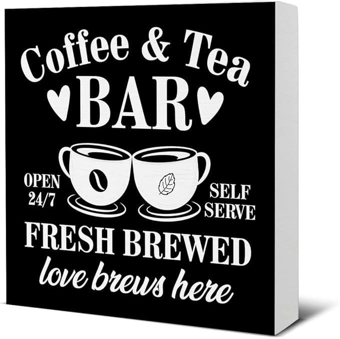 Coffee Bar Decor - Tea Station - Coffee and Tea Bar Wood Sign Home Kitchen Desk Shelf Table Tabletop Decor 5×5 Inches