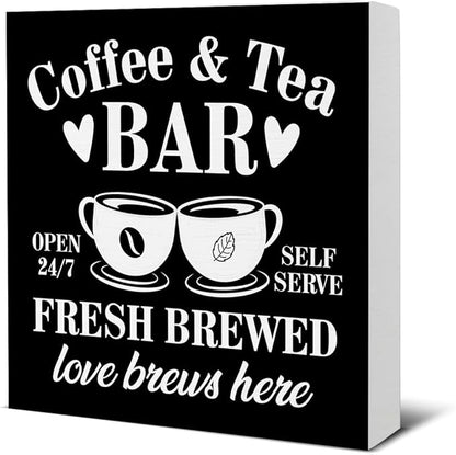 Coffee Bar Decor - Tea Station - Coffee and Tea Bar Wood Sign Home Kitchen Desk Shelf Table Tabletop Decor 5×5 Inches