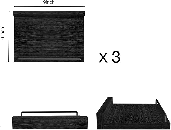 Small Floating Shelf, 6X9 Inches Farmhouse Wall Shelves for Living Room, Bedroom, Picture Frames, Plants, Kitchen, Set of 3 (Black)