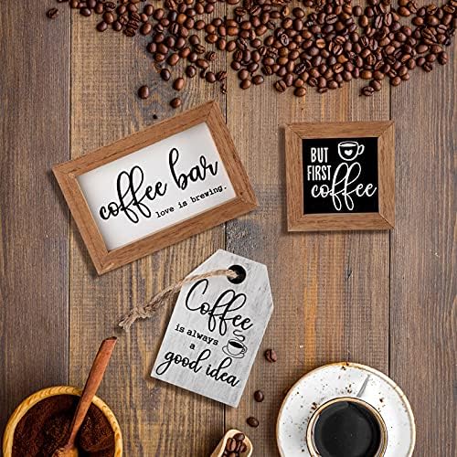 3 Pieces Coffee Bar Decor Sign But First Coffee Wood Sign Mini Farmhouse Wall Rustic Wooden Art Plaque Bar Tabletop Shelf Accessories for Tier Tray Decor Home Office Kitchen