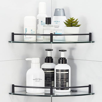 Bathroom Corner Shower Caddy, 9.5" Tempered Glass Bathroom Shelves Wall Mounted, 2 Tier Clear Shower Caddy Organizer and Storage, Corner Shelf Wall Mounted with Stainless Steel Rail - Black