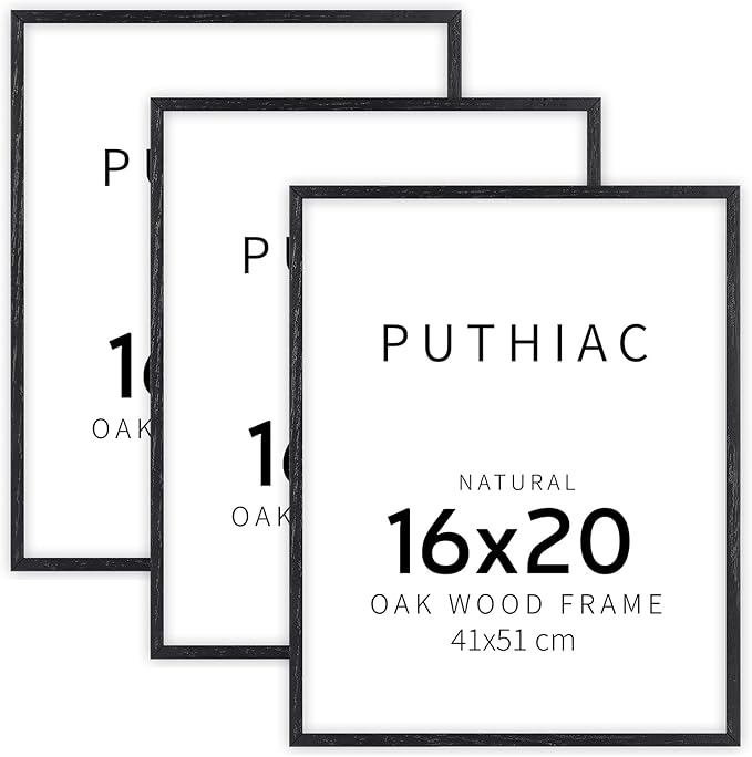 puthiac 16x20 Solid Oak Wood Picture Frame, Fits 12x16 with Mat or 16x20 Without Mat, Wall Display Only, Vertical or Horizontal, Plexi Front, 3 Pack, Black
