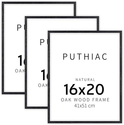 puthiac 16x20 Solid Oak Wood Picture Frame, Fits 12x16 with Mat or 16x20 Without Mat, Wall Display Only, Vertical or Horizontal, Plexi Front, 3 Pack, Black