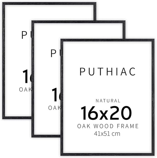 puthiac 16x20 Solid Oak Wood Picture Frame, Fits 12x16 with Mat or 16x20 Without Mat, Wall Display Only, Vertical or Horizontal, Plexi Front, 3 Pack, Black