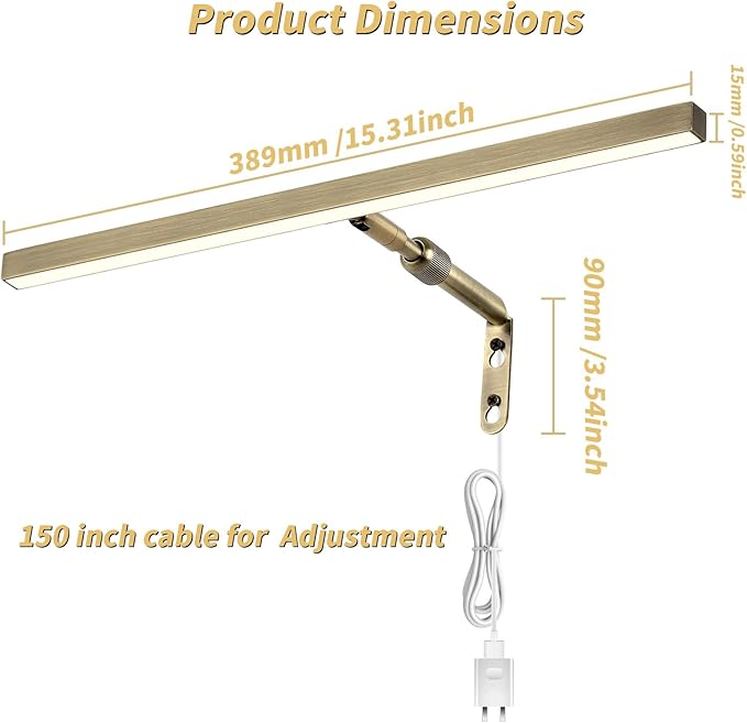 LED Picture Lights for Paintings Plug in, 16 Inch 4W Adjustable Art Light Gallery Wall Light for Display Art Work, Antique Brass Finish, CRI90+, 3000K Warm White