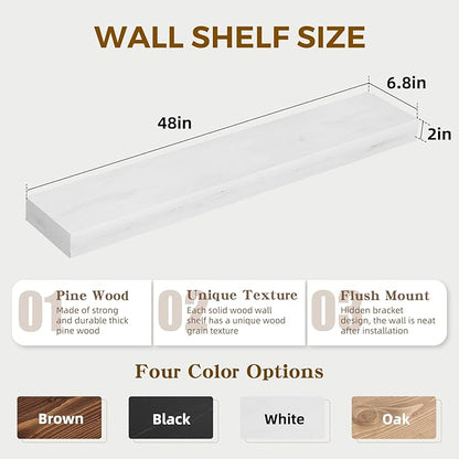 48x6.8x2in Floating Shelf – Natural White Solid Wood Rustic Mounted Shelf – Heavy Duty Decorative Storage for Living Room, Kitchen, Bathroom, Bedroom